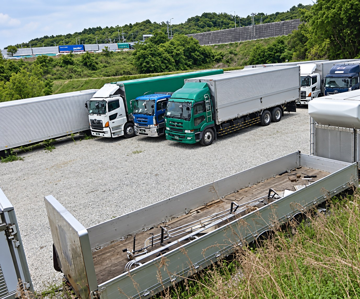 三木の置場に並ぶ大型トラック